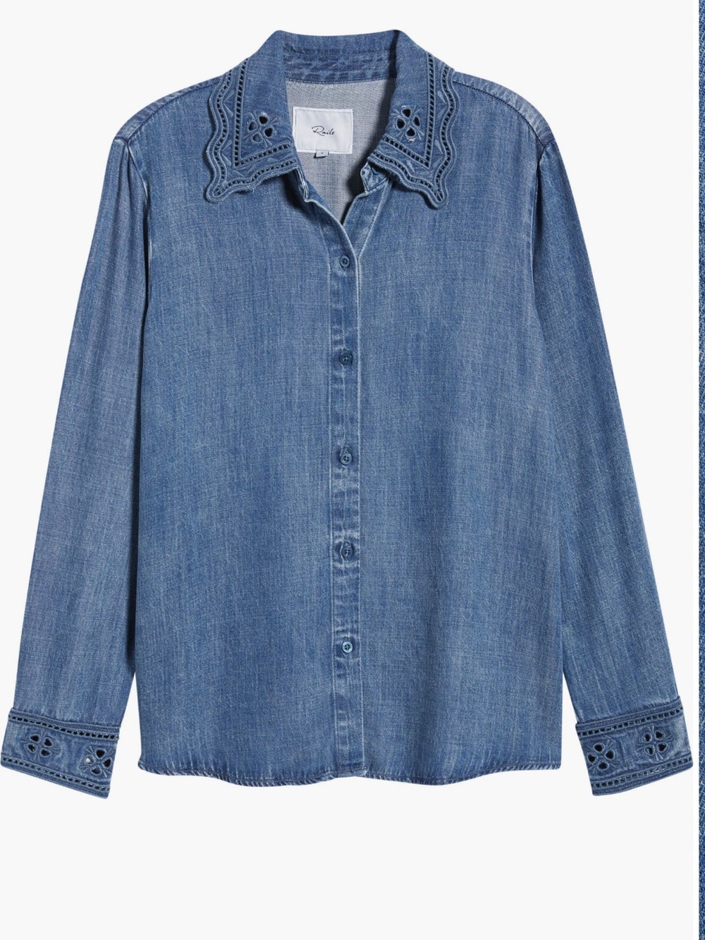 NWT Denim Button-Up Shirt with Scalloped Eyelet Collar Rails M